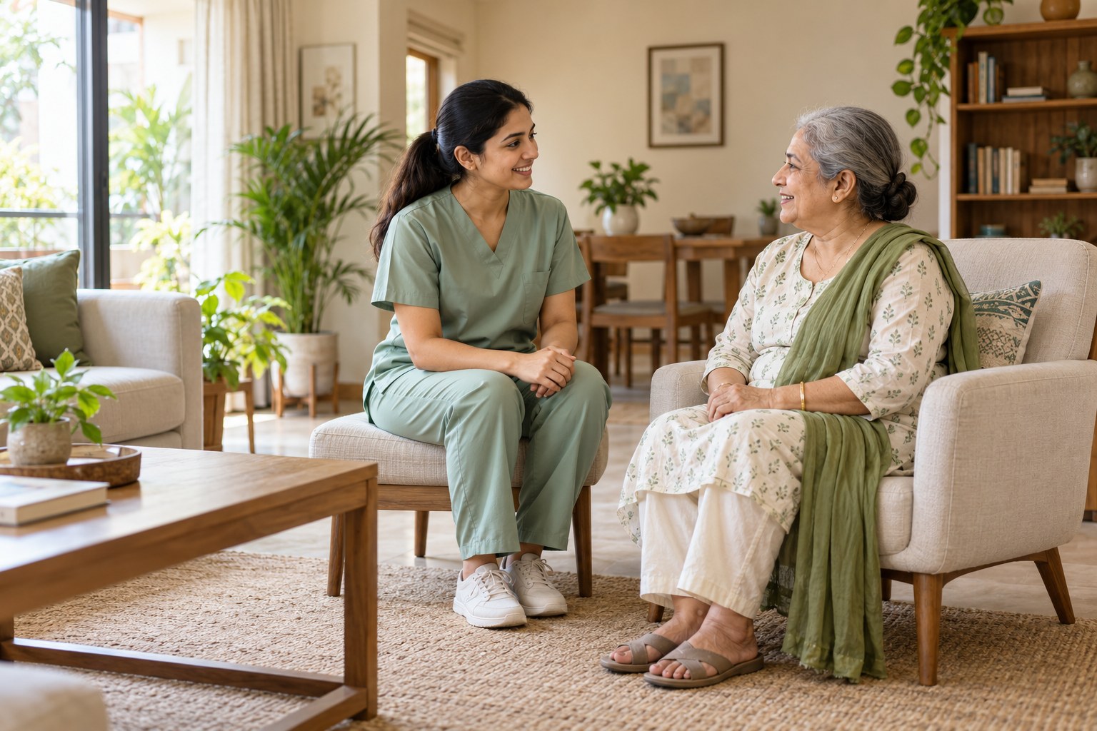 Illustrative conversation between a physiotherapist and an older woman at home
